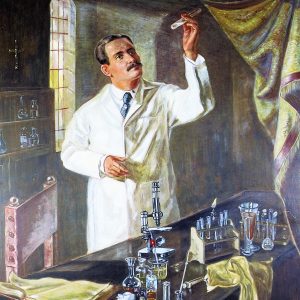 Imagen Cuadro Pintura Representando Jose Gregorio Hernandez Medico Cientifico Laboratorio Bata Medica Blanca Corbata Negra Parado Observando Mano Izquierda Tubo Ensayo Frente Meson Varios Instrumentos Microscopio Libro Pipetas Mechero