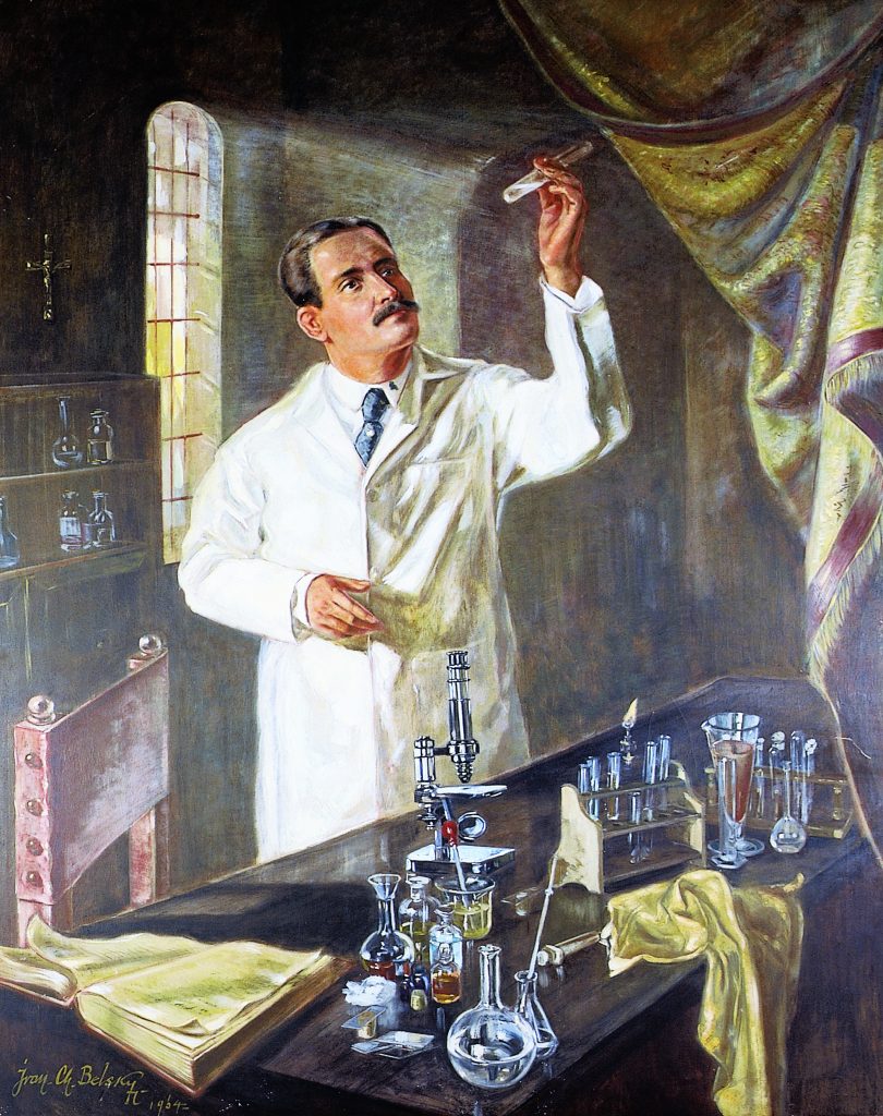 Imagen Cuadro Pintura Representando Jose Gregorio Hernandez Medico Cientifico Laboratorio Bata Medica Blanca Corbata Negra Parado Observando Mano Izquierda Tubo Ensayo Frente Meson Varios Instrumentos Microscopio Libro Pipetas Mechero
