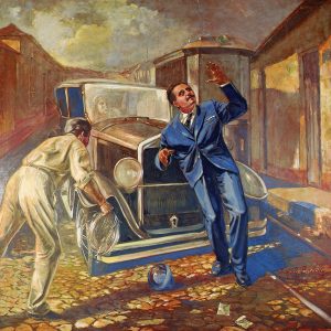 Imagen Cuadro Pintura Representa Accidente Automovilistico Jose Gregorio Hernandez Golpeado Automovil Cayendo Traje Azul Corbata Sombrero Negro Camisa Blanca Vista Automovil Hombre Socorriendolo